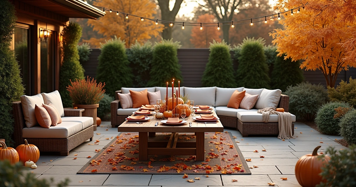 Clean patio with fall leaves, cozy seating, and outdoor string lights