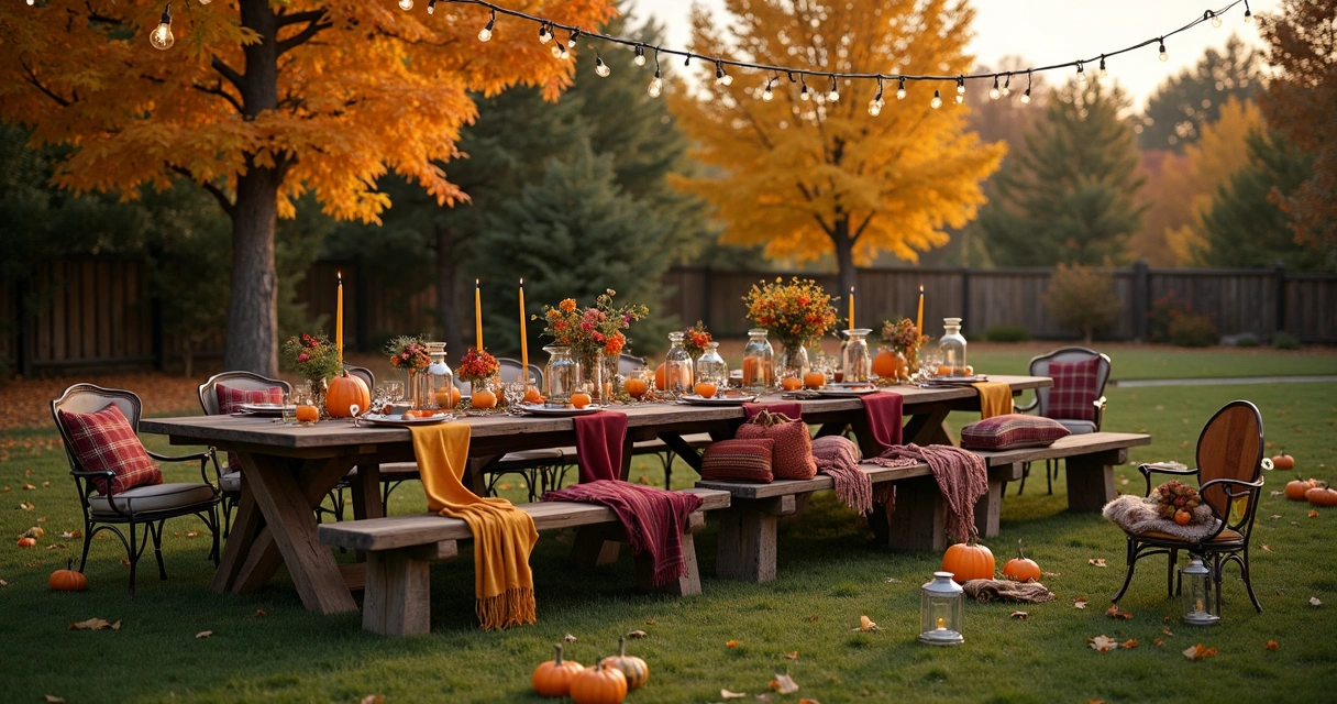 Outdoor patio with fall-themed seating and warm throws