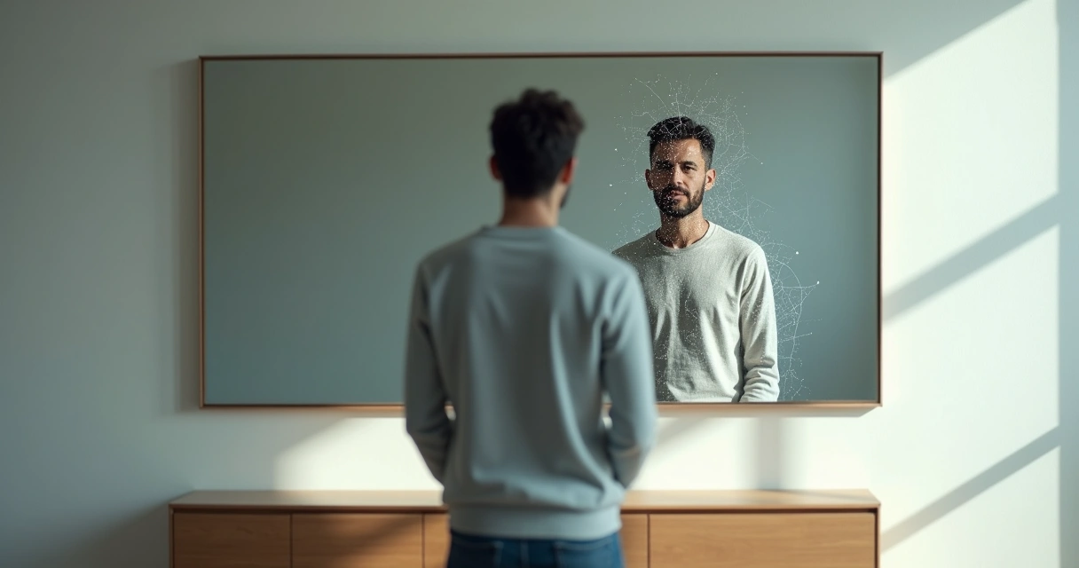 Persona frente a un espejo con doble exposición mostrando una mente fragmentada 