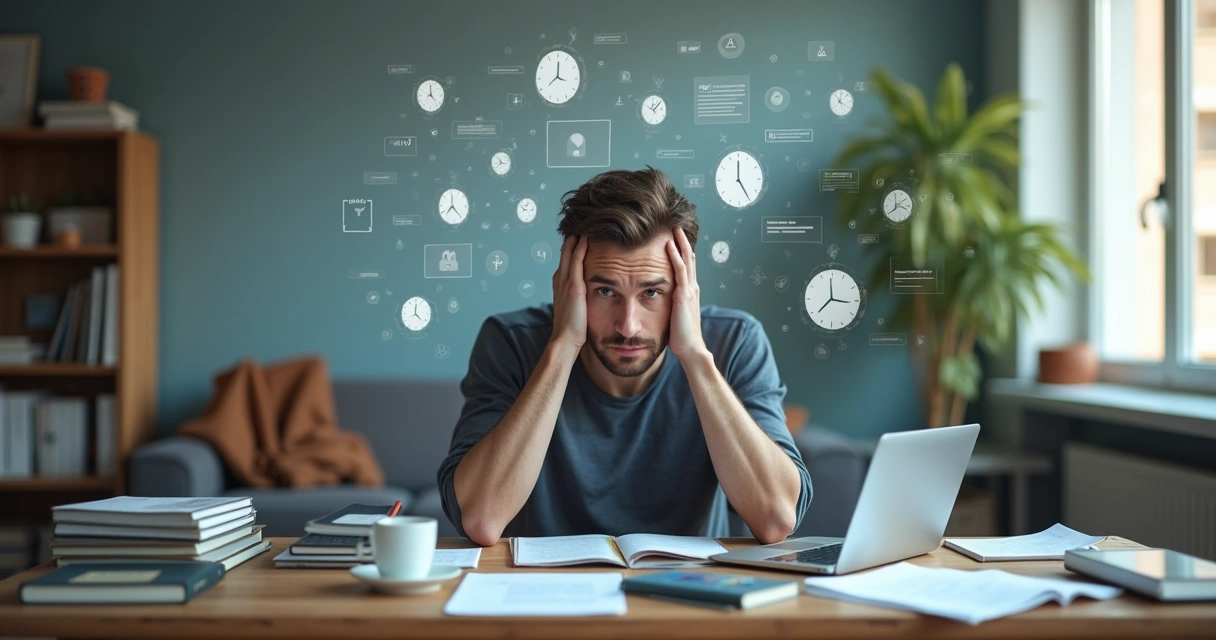 Pessoa sentada à mesa com mente dispersa cercada por telas e papéis 