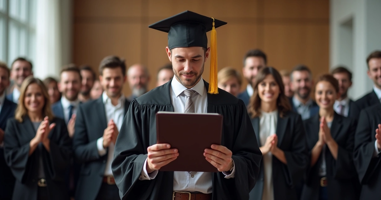Persona mira un diploma con expresión neutra, rodeada de personas sonriendo 