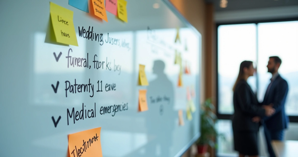 Lista de motivos de falta ao trabalho anotada em quadro branco