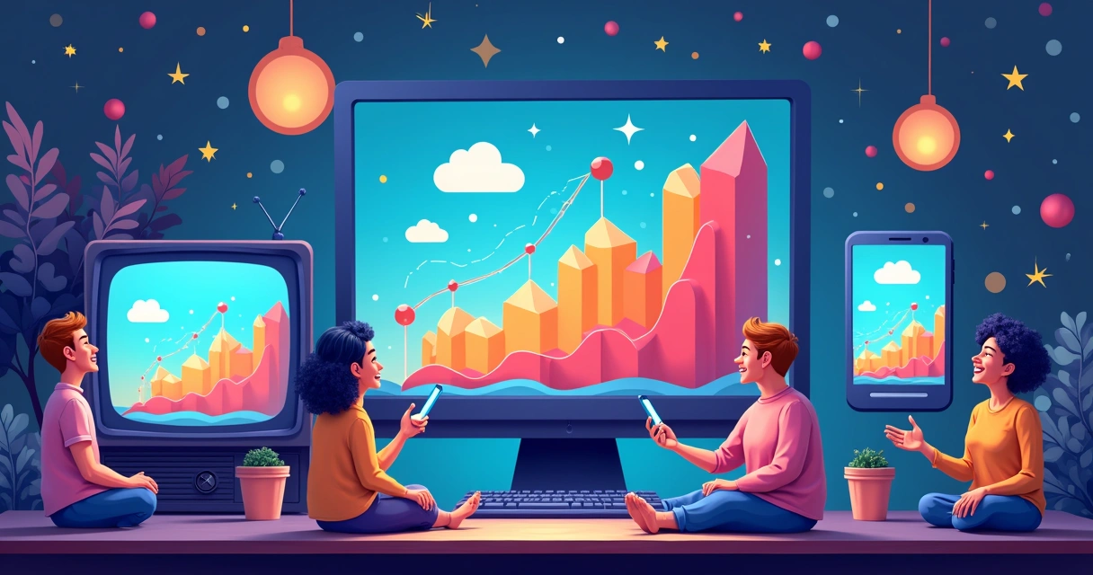 Ilustração de uma TV, computador e smartphone com gráficos, pessoas de idade variada e elementos de ciência de dados 