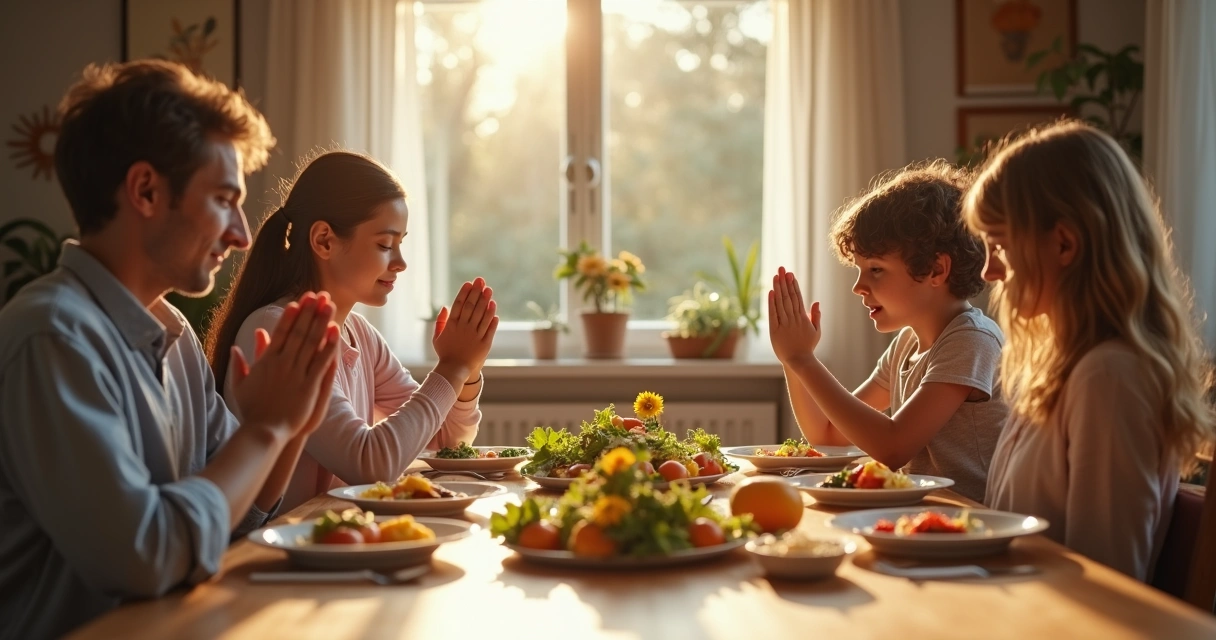 Família com mãos dadas orando à mesa durante refeição 