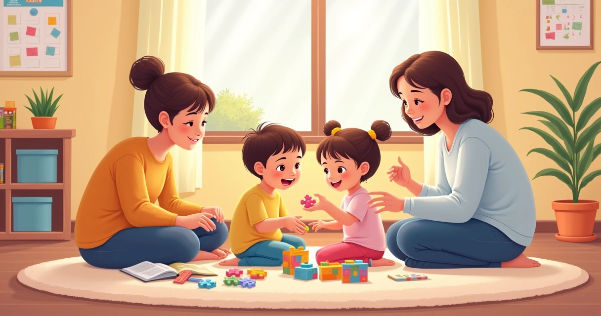 Família e terapeuta brincando juntos em sala iluminada 