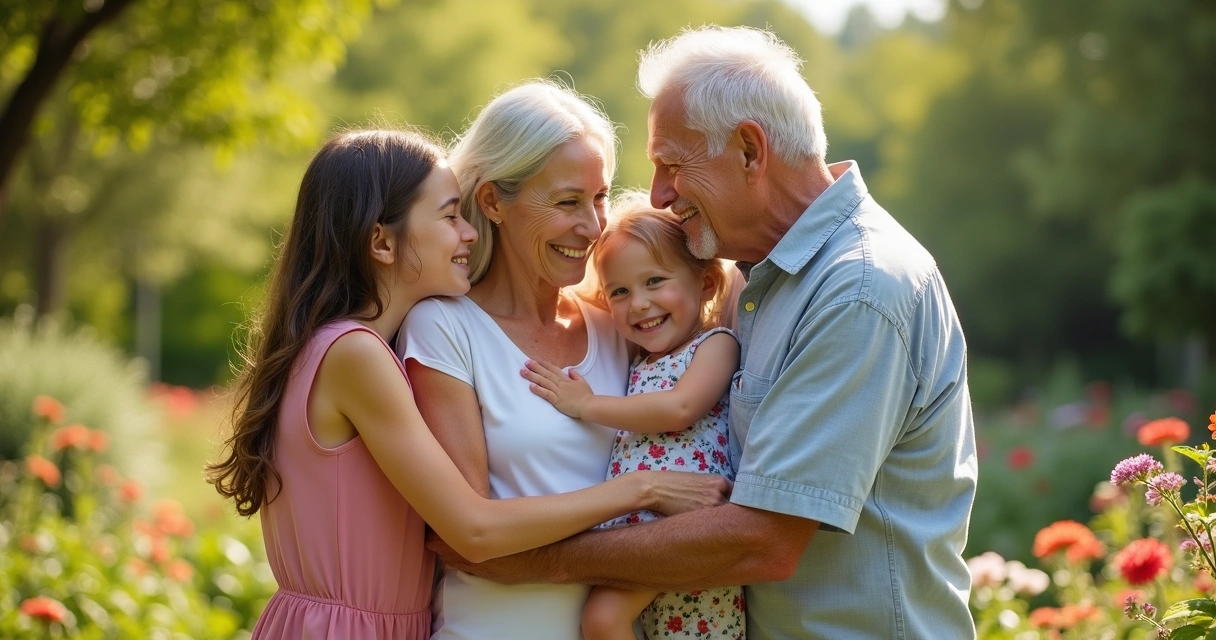 Família de várias gerações abraçada em um jardim sorrindo uns para os outros