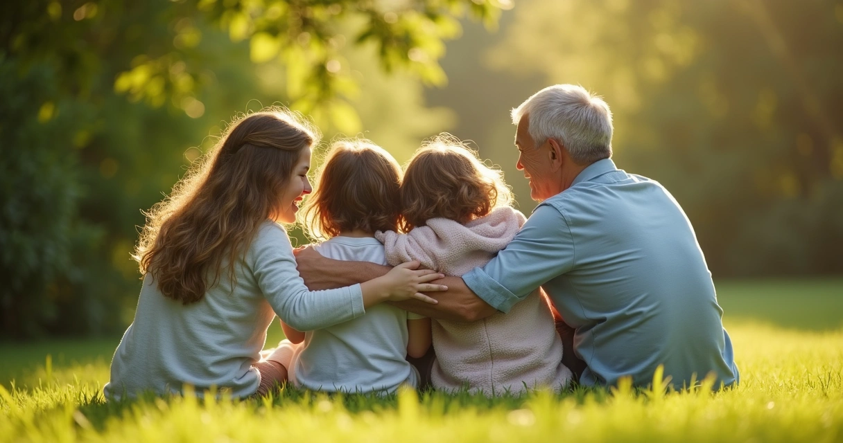 Família se abraçando no jardim em um momento de reconciliação 