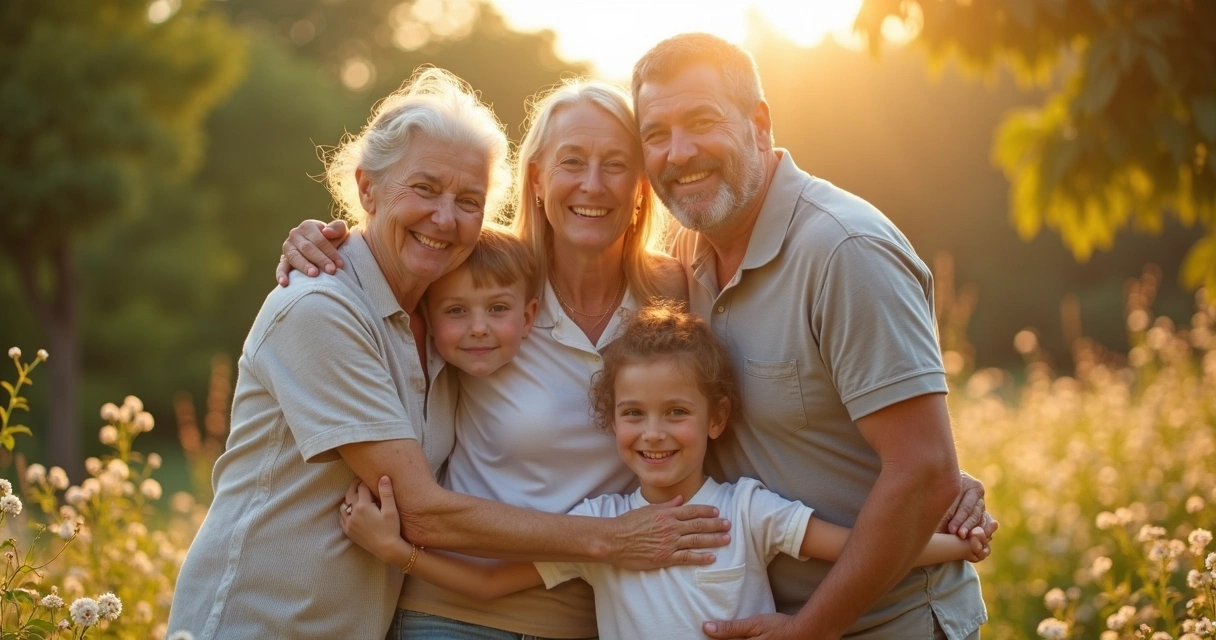 Família abraçada em um jardim, sorrindo unida 
