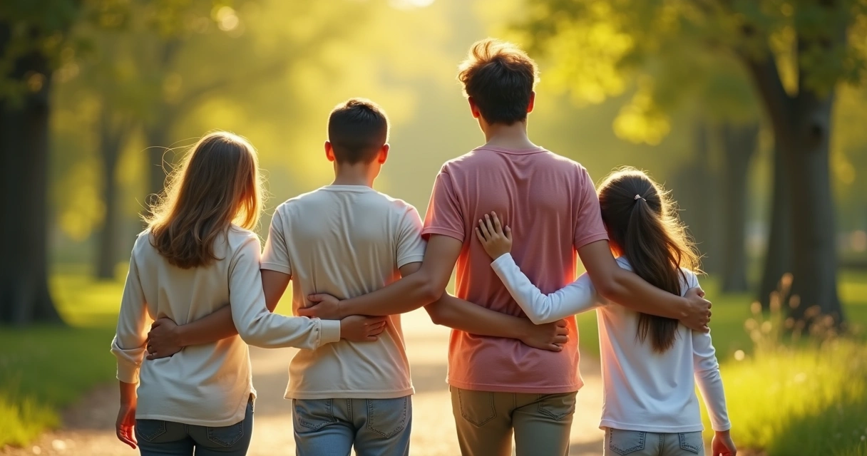 Família abraçada caminhando ao ar livre 
