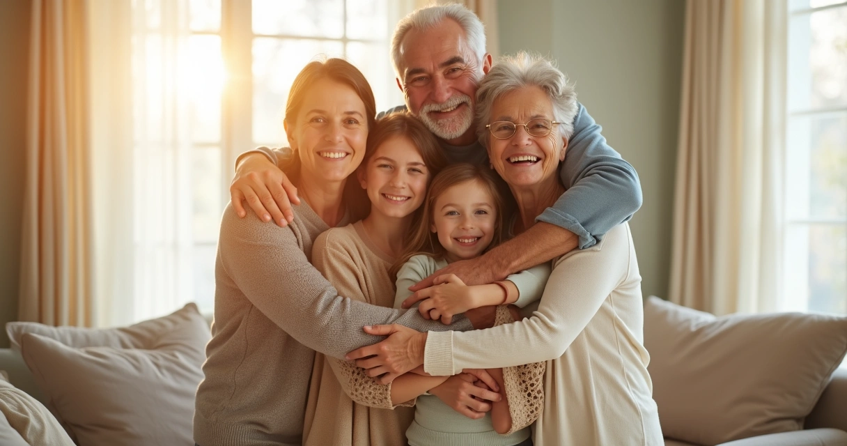 Família abraçada sorrindo dentro de casa 