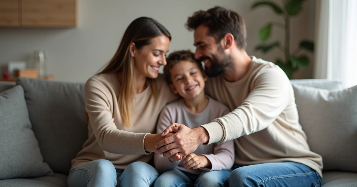 Família se abraçando em um momento de conforto no sofá