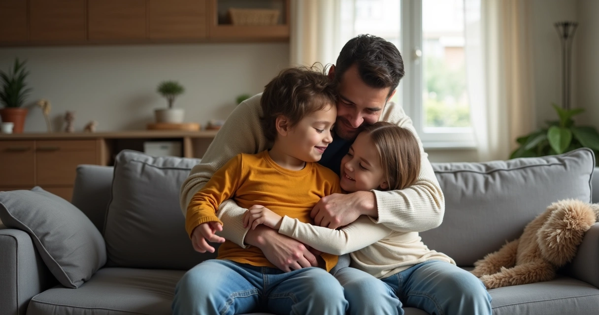 Família sentada no sofá, se abraçando de maneira acolhedora 