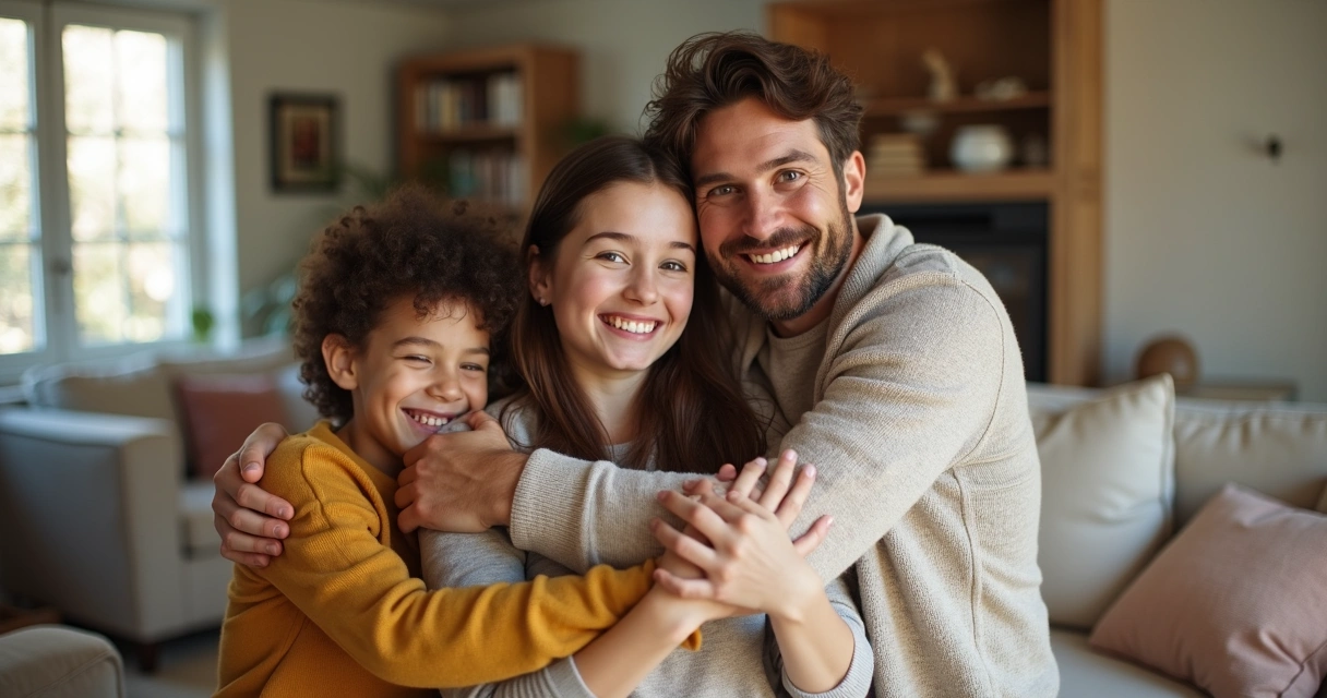 Família se abraçando em gesto de reconciliação em sala de estar. 