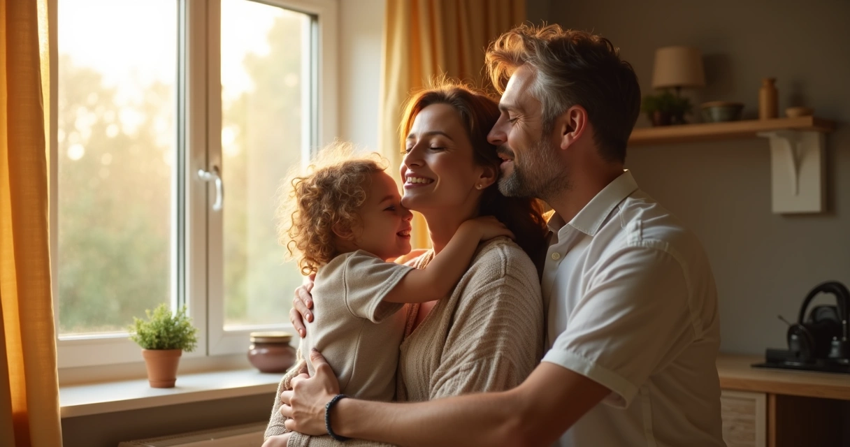 Dois adultos e uma criança se abraçando em casa junto à janela 