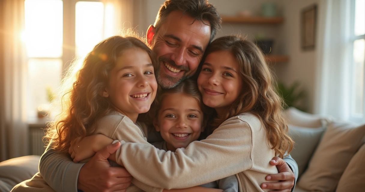 Familia abrazándose en la sala de estar 