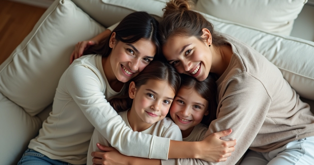 Familia abrazándose vista desde arriba, mostrando unión. 