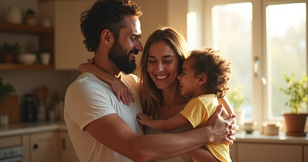 Familia unida abrazándose con luz suave y natural 