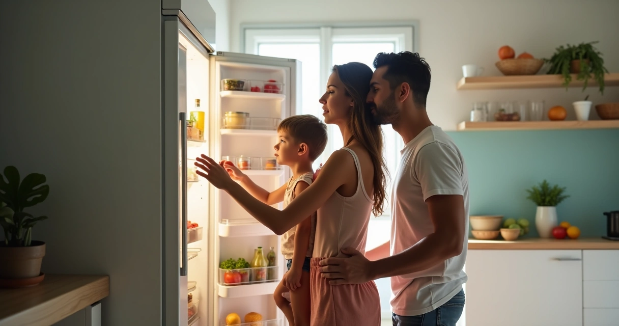 Família olhando para dentro da geladeira 