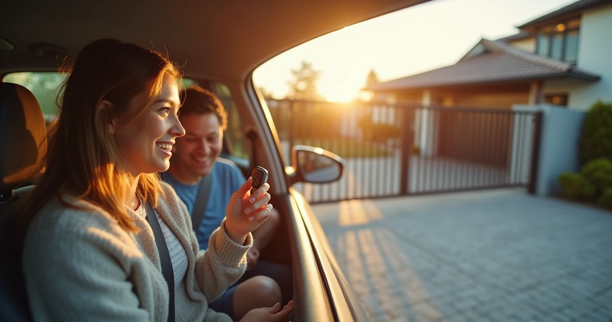 Família sorrindo usando controle remoto para abrir portão eletrônico