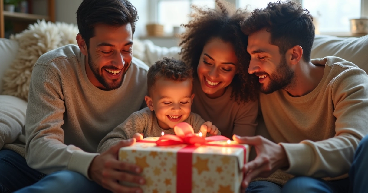Família reunida sorrindo ao abrir presente surpresa 