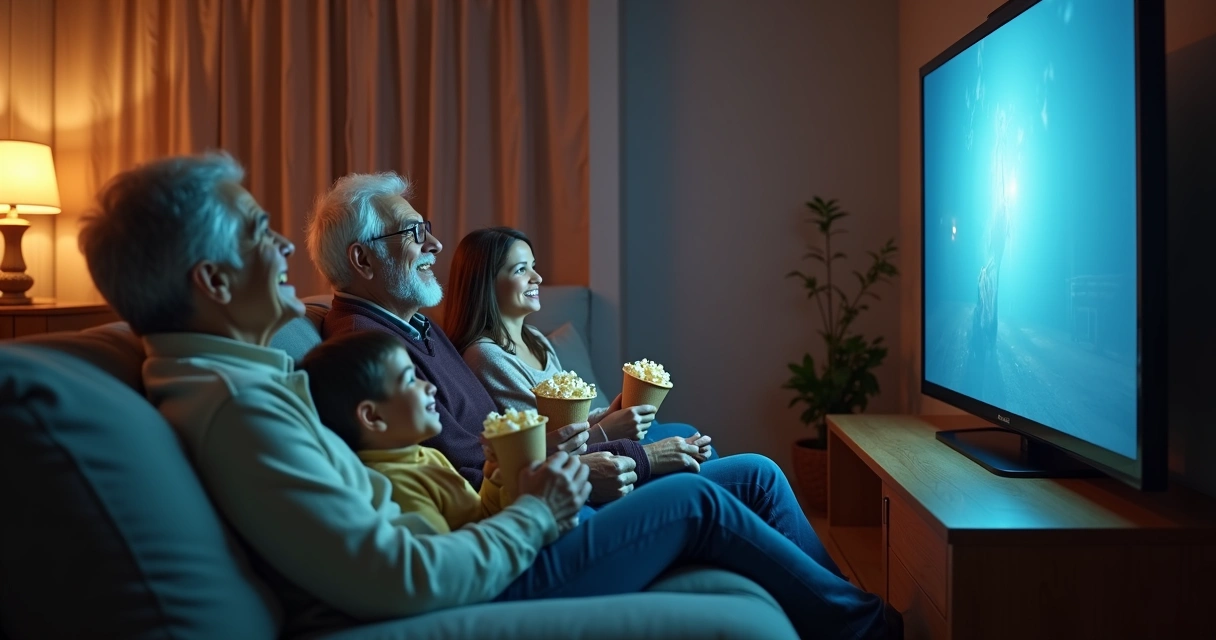 Familia con abuelos, padres y niños sentados en un sofá viendo una película 