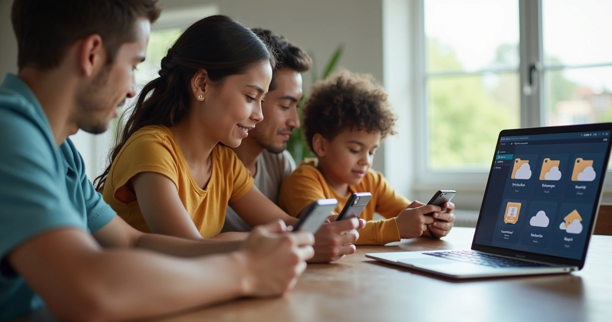 Família reunida usando celulares e computador em ambiente doméstico