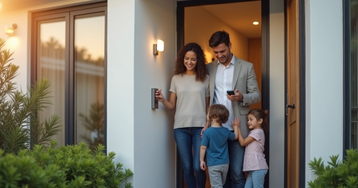 Família usando celular para acessar porta com fechadura digital inteligente 