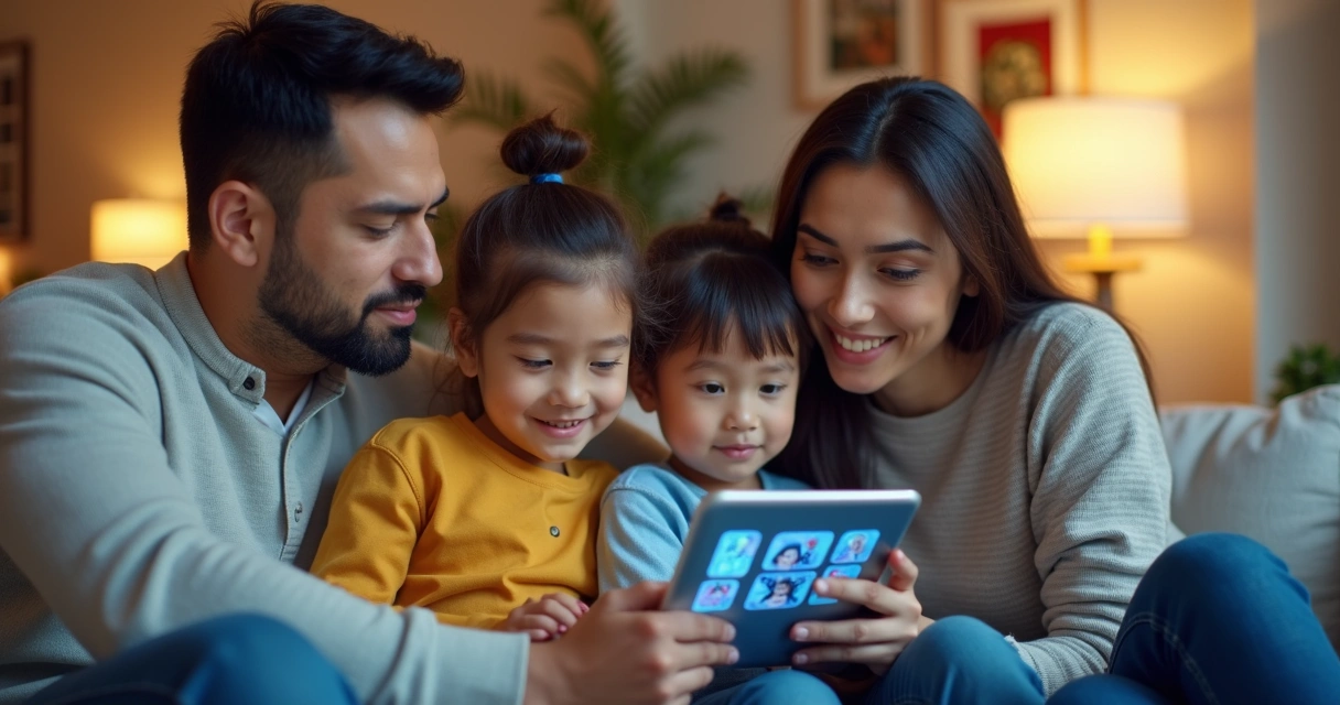 Família acessando plano de saúde digital em tablet 