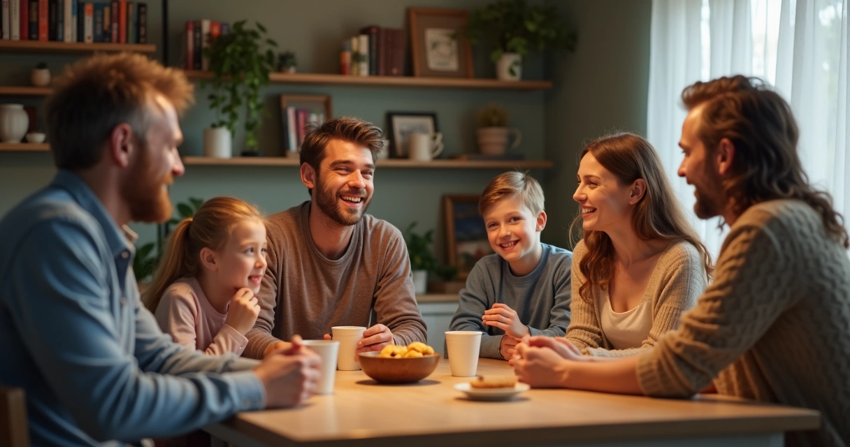 Família reunida conversando e sorrindo em volta da mesa