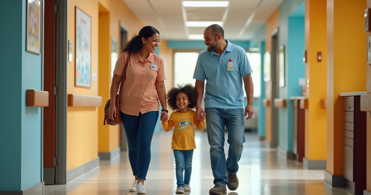 Família reunida apoiando filho autista em clínica