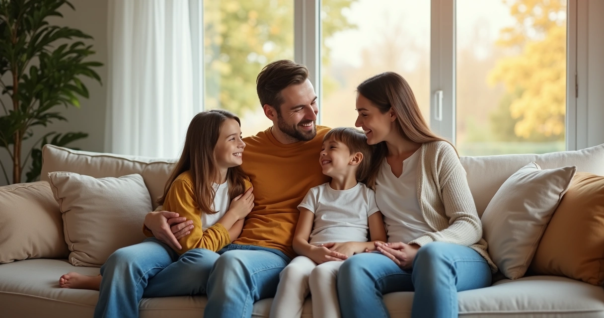 Família reunida em casa, adultos e crianças sorrindo juntos no sofá 