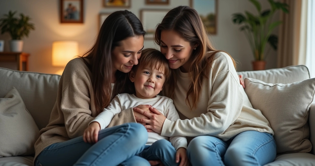 Família abraçando criança no sofá 