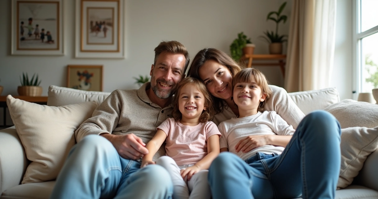 Família sentada no sofá abraçando filhos sorrindo 