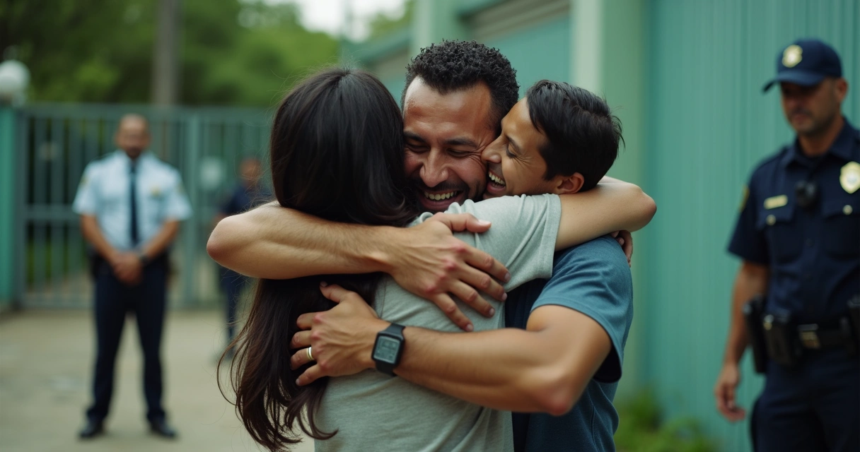 Família abraçando pessoa libertada de prisão no Brasil 