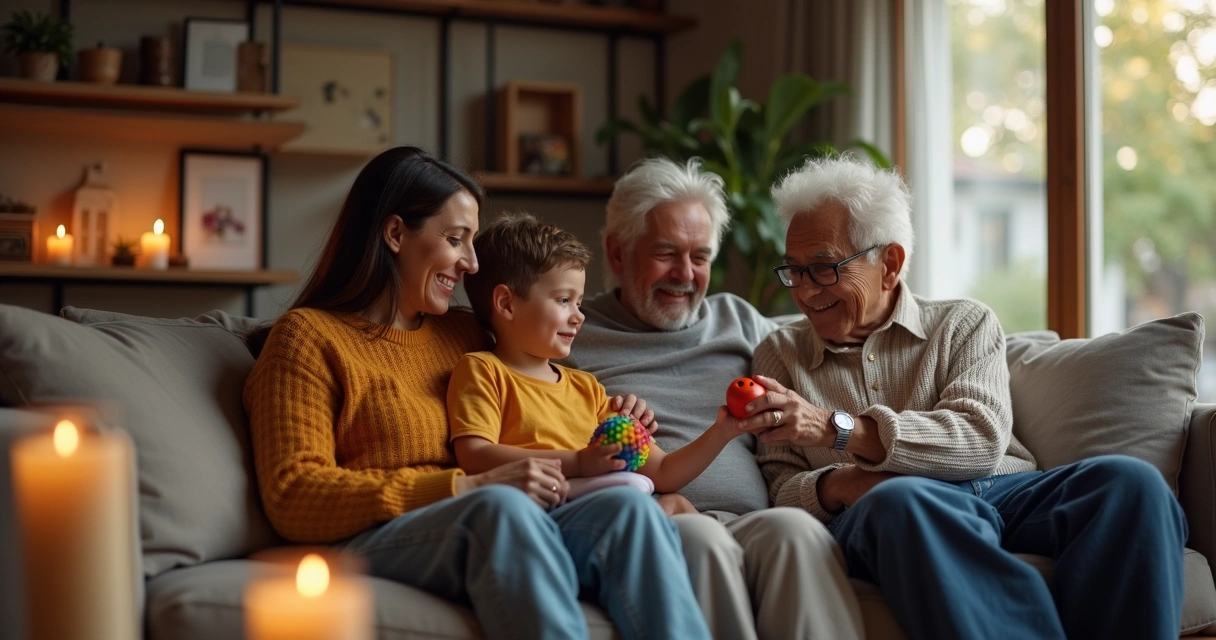Família acolhendo parente neurodivergente no sofá de casa 