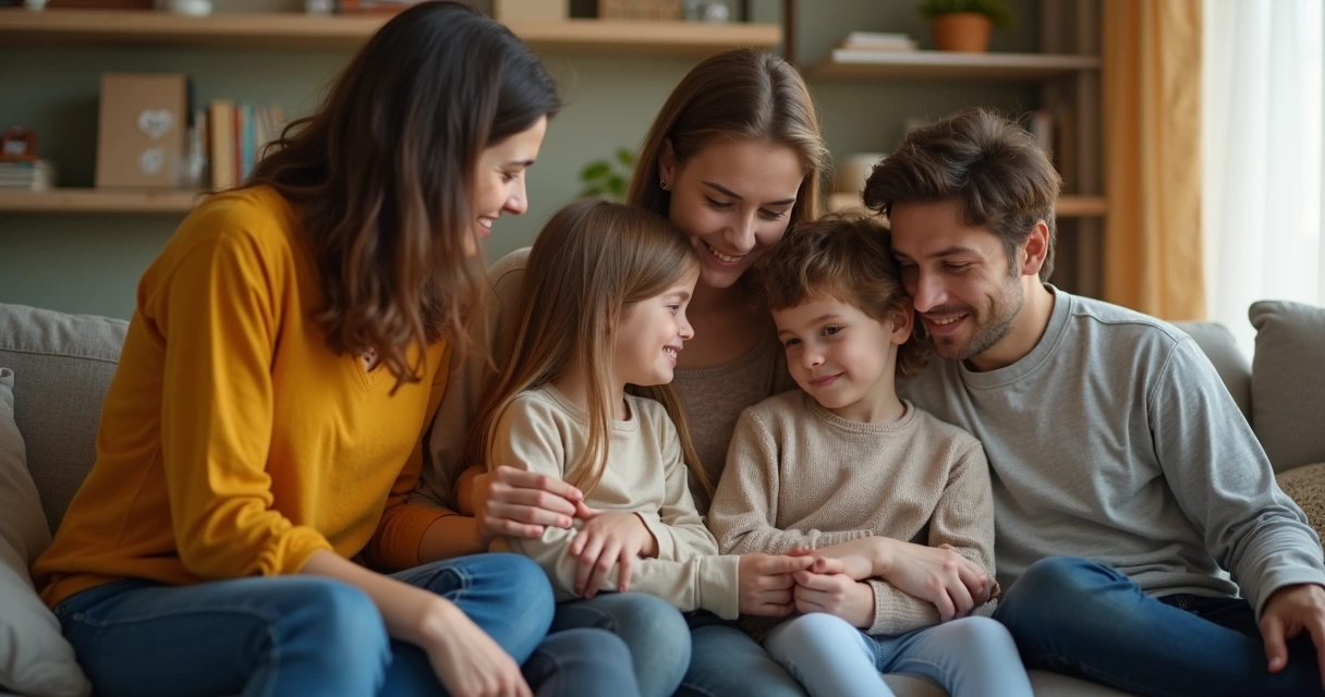 Família sentada em círculo, com um adulto tocando o ombro de um jovem, ambiente tranquilo e acolhedor 