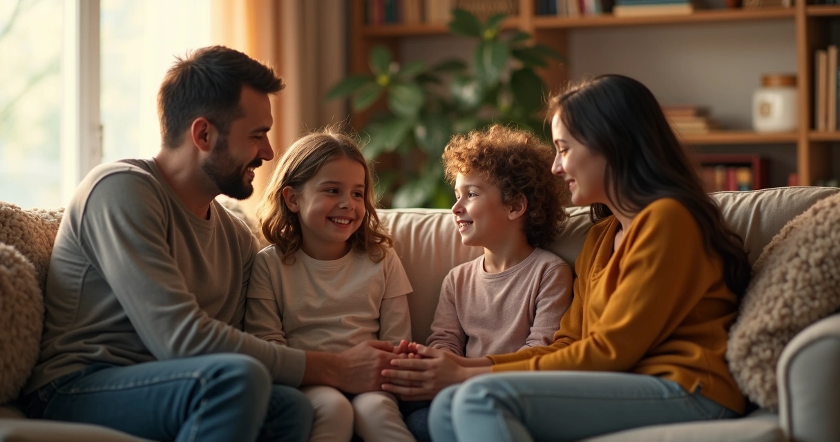Familia sentada junta en el sofá, con padres e hijos mirándose y escuchándose en un ambiente cuidado.