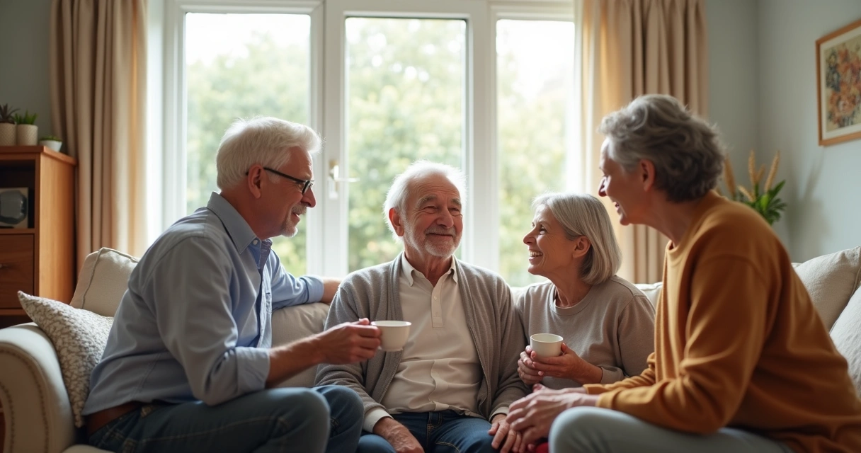 Familia acompañando a una persona mayor en una sala luminosa 