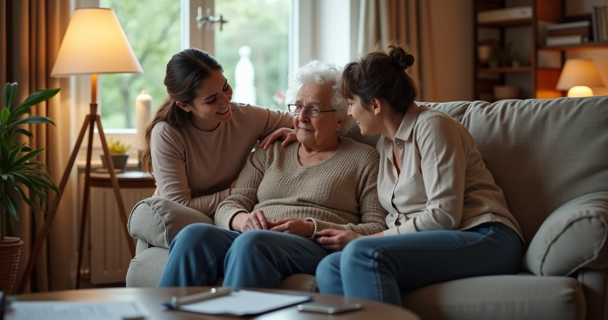 Família amparando paciente com esclerose múltipla em casa 
