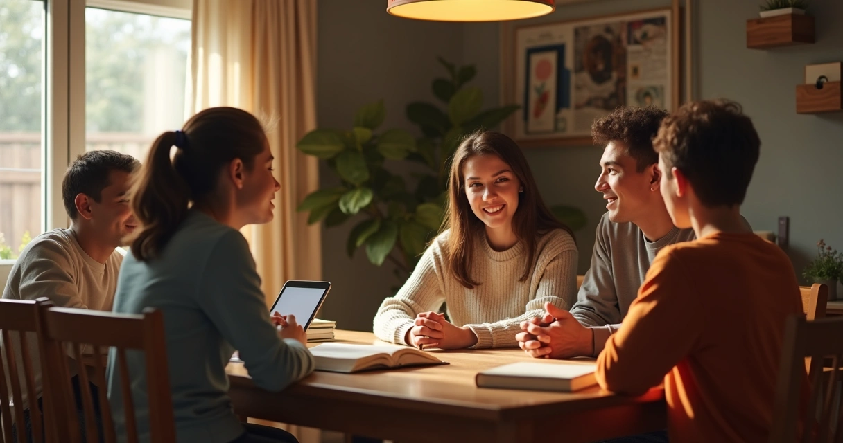 Família reunida conversando sobre puberdade e mudanças na adolescência 