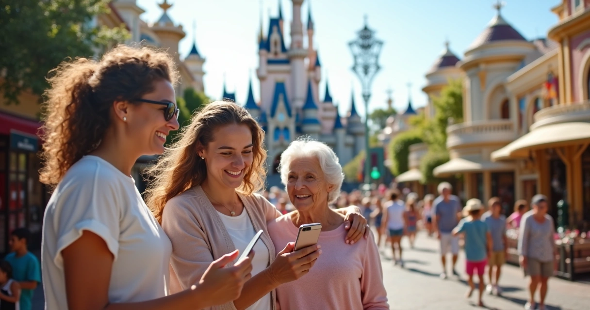Família recebendo orientação no celular em parque temático 