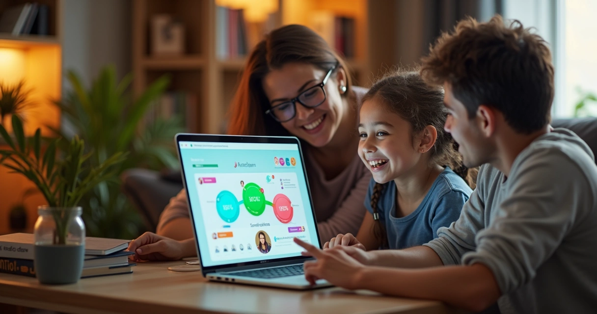 Pais e criança acompanhando estudo digital juntos 