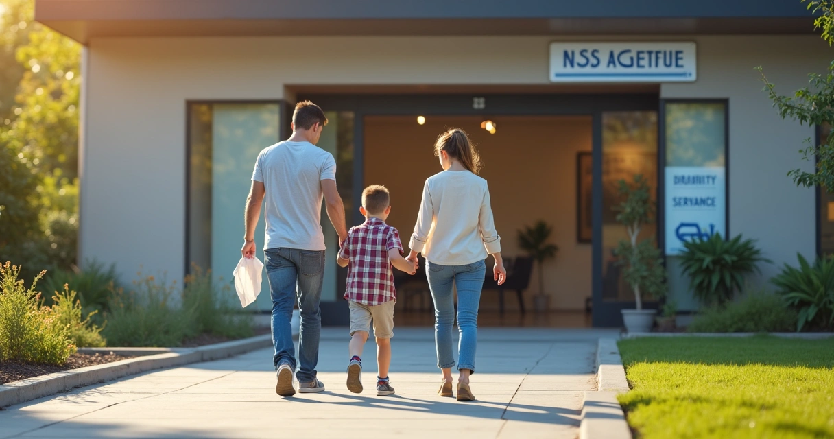 Família acompanhando jovem autista para atendimento no INSS 