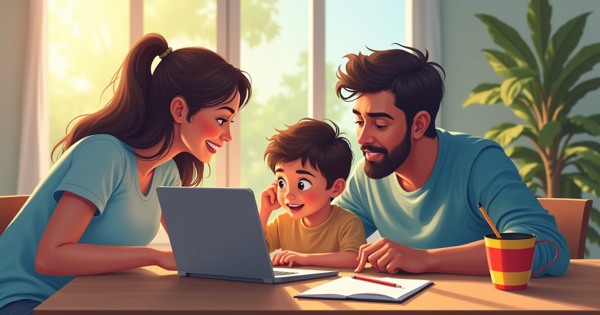 Família acompanhando o filho estudando no computador 