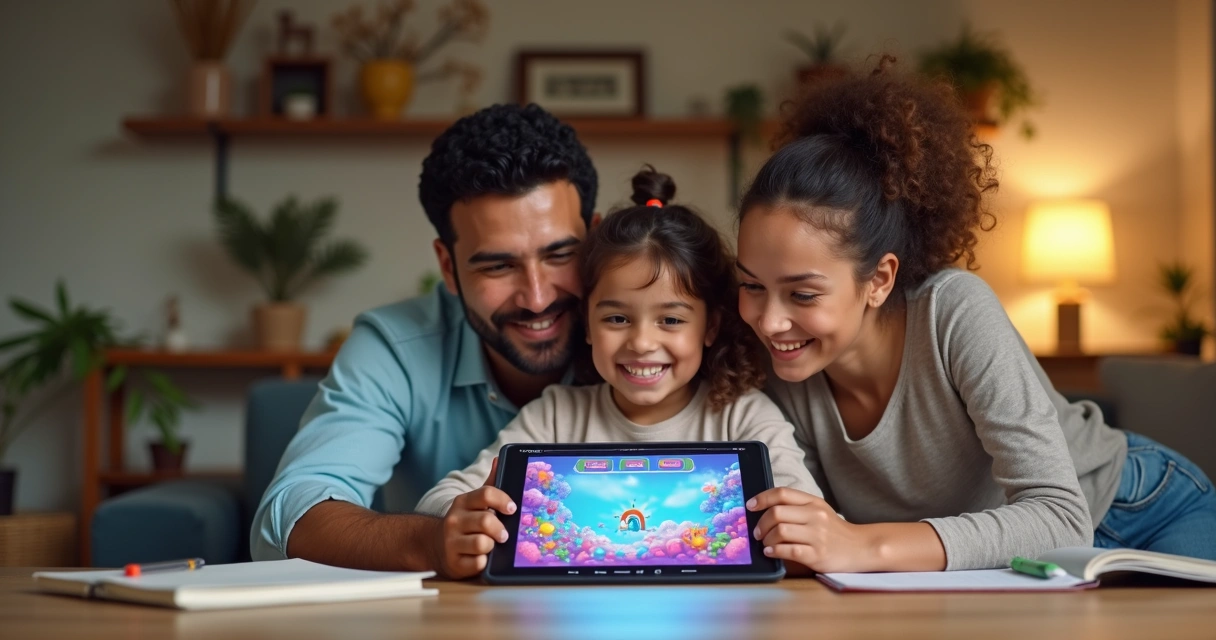 Família reunida acompanhando em tablet atividades educativas 