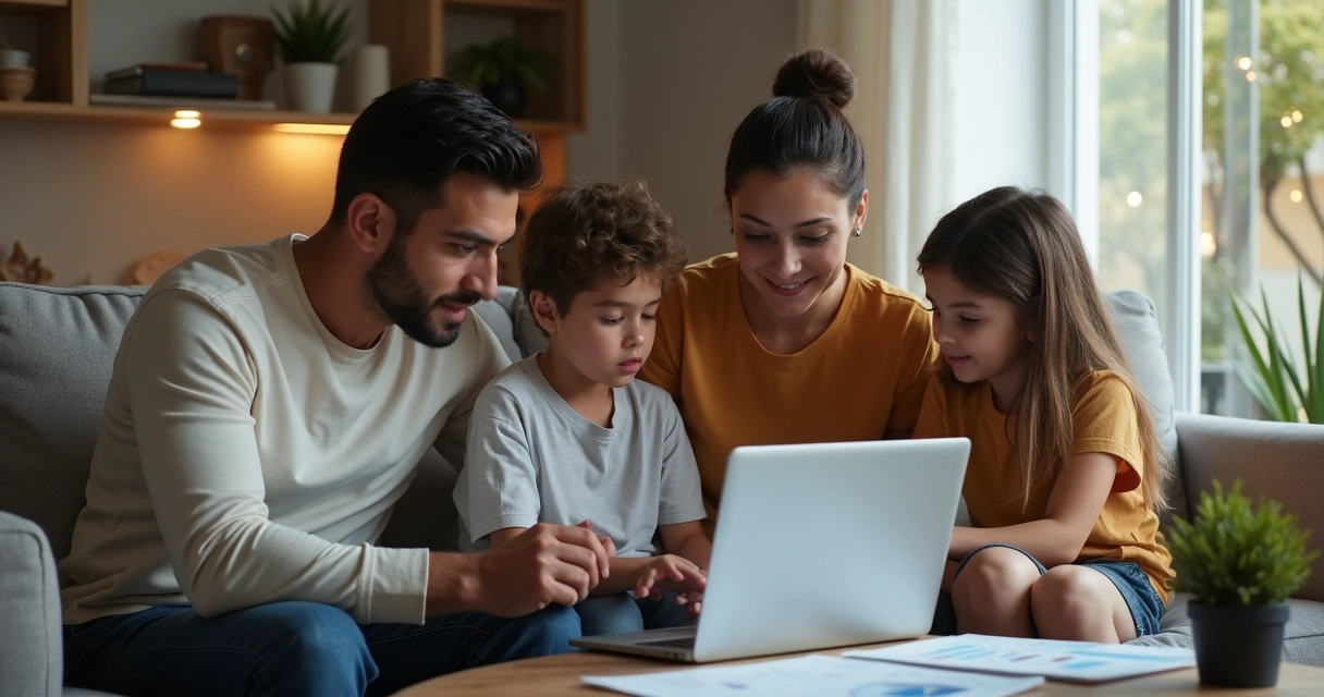 Família analisando orçamento doméstico no sofá com notebook e planilha impressa 
