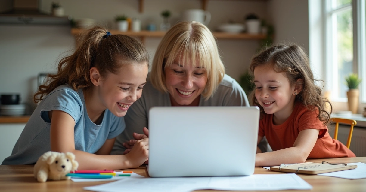 Família olhando relatório terapêutico infantil na tela do notebook 