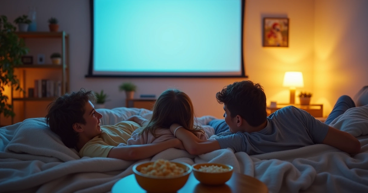 Familia acostada en mantas viendo una película en casa 