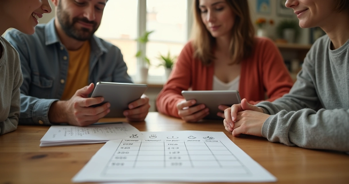 Familia revisando un acuerdo de uso digital en la mesa