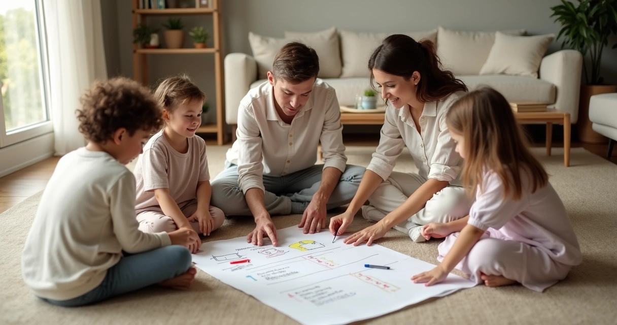 Familia sentada en círculo en el salón dialogando y tomando notas en una hoja compartida 